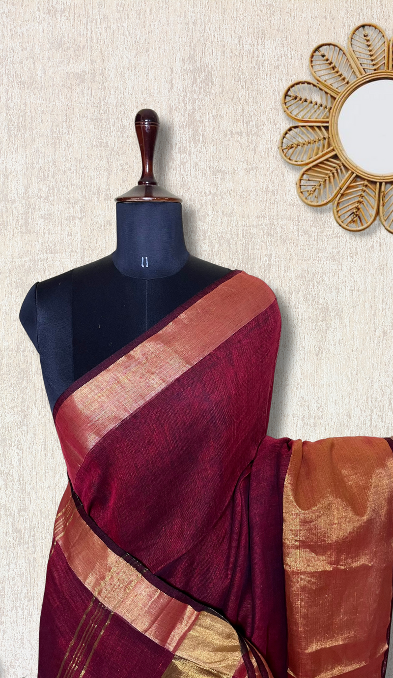 Handwoven Linen Saree - Flush Maroon + Gold