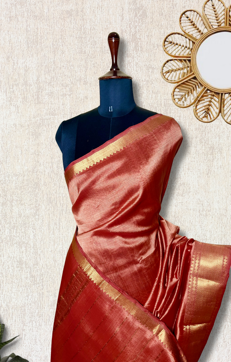 Handwoven Mangalgiri Silk Cotton Saree - Sea rust + Gold
