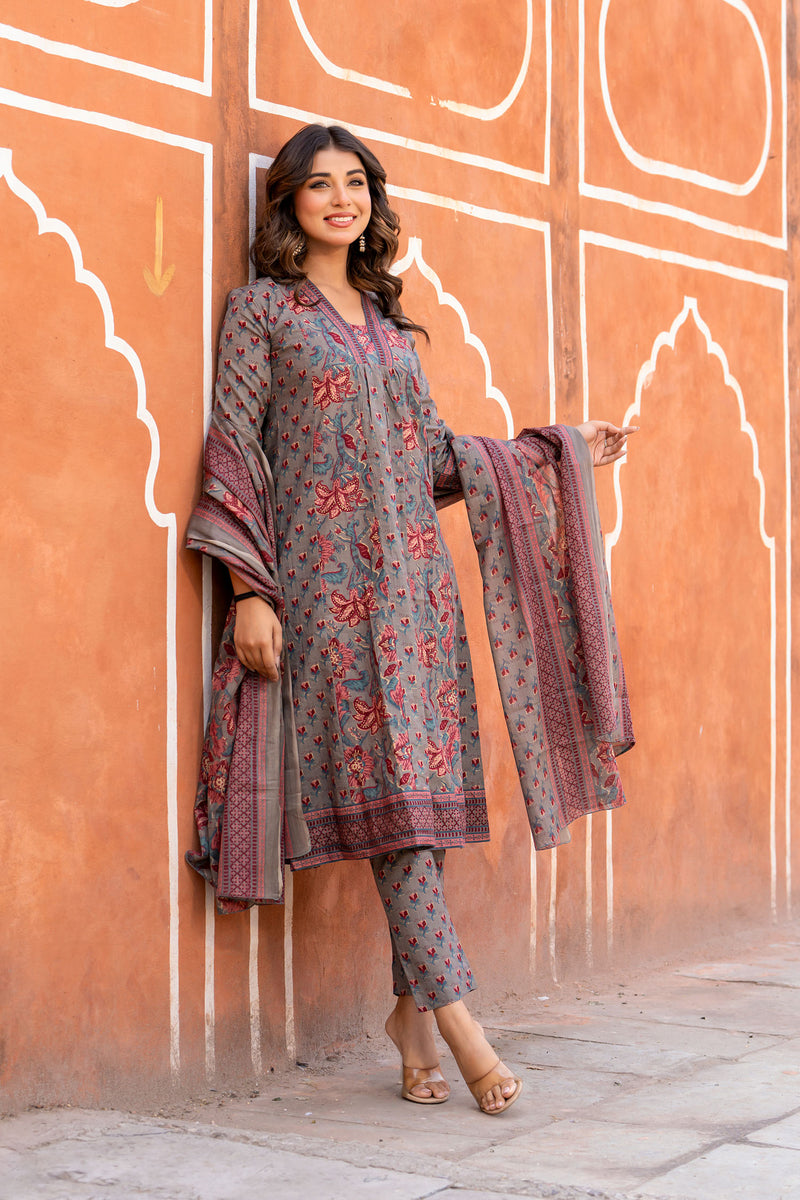 Grey Red Buti dress set