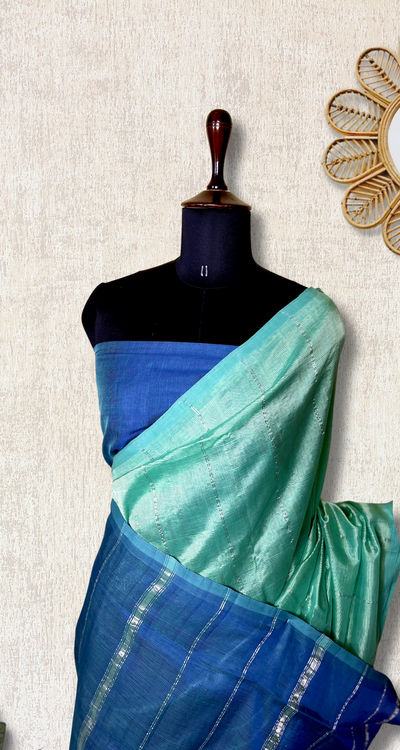 Handwoven Mangalgiri Silk Cotton Saree - Aqua Green + Havelock Blue