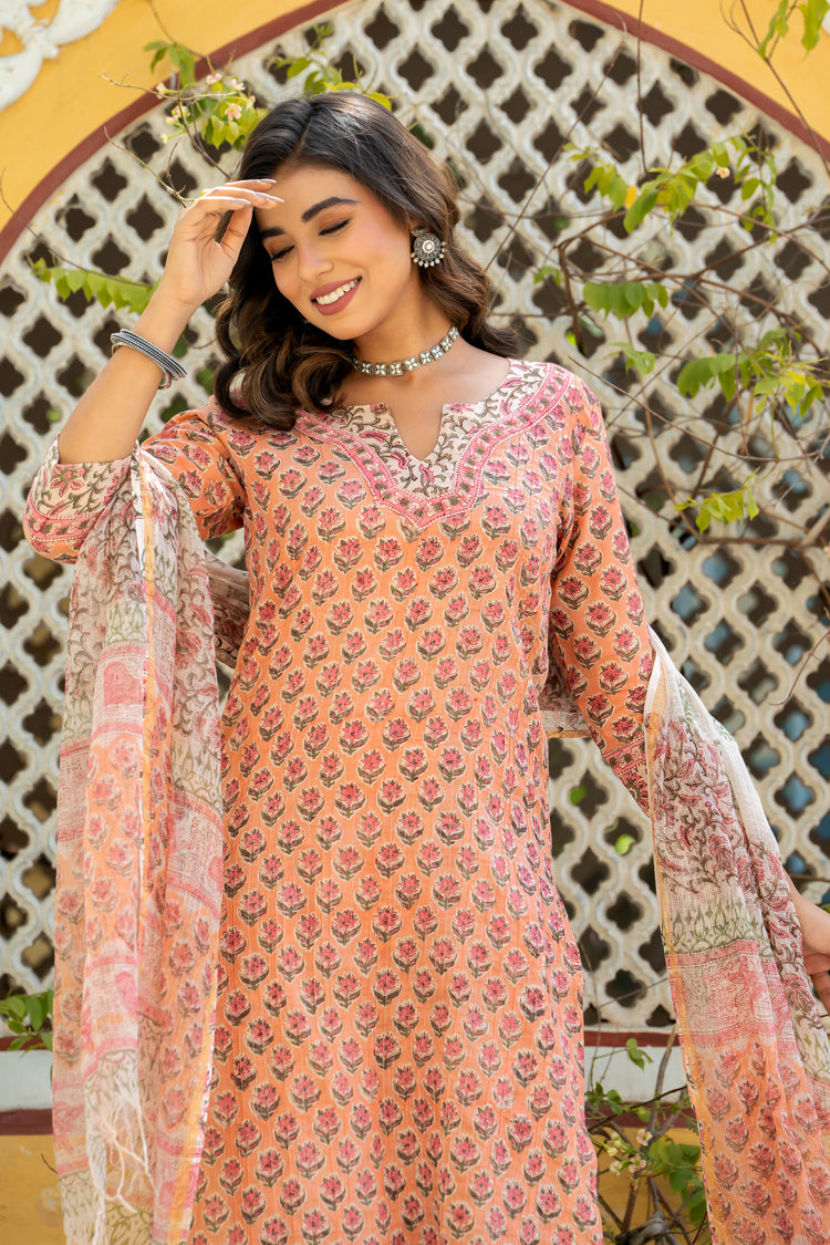 Orange Floral Buti Pintuks Kurta Set