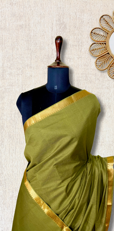 Handwoven Mangalgiri Cotton Saree -  Lemon Ginger + Gold