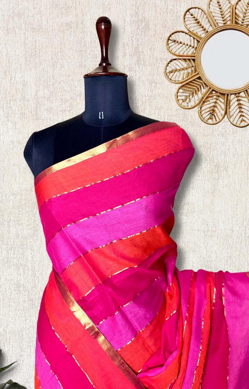 Handwoven Cotton Saree - Mexican Pink + Persian Orange