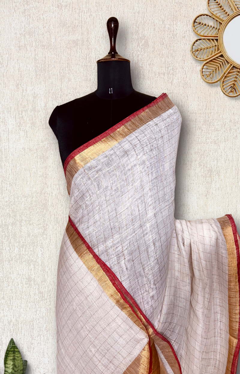 Handwoven Linen Saree - Cream White + Gold Zari