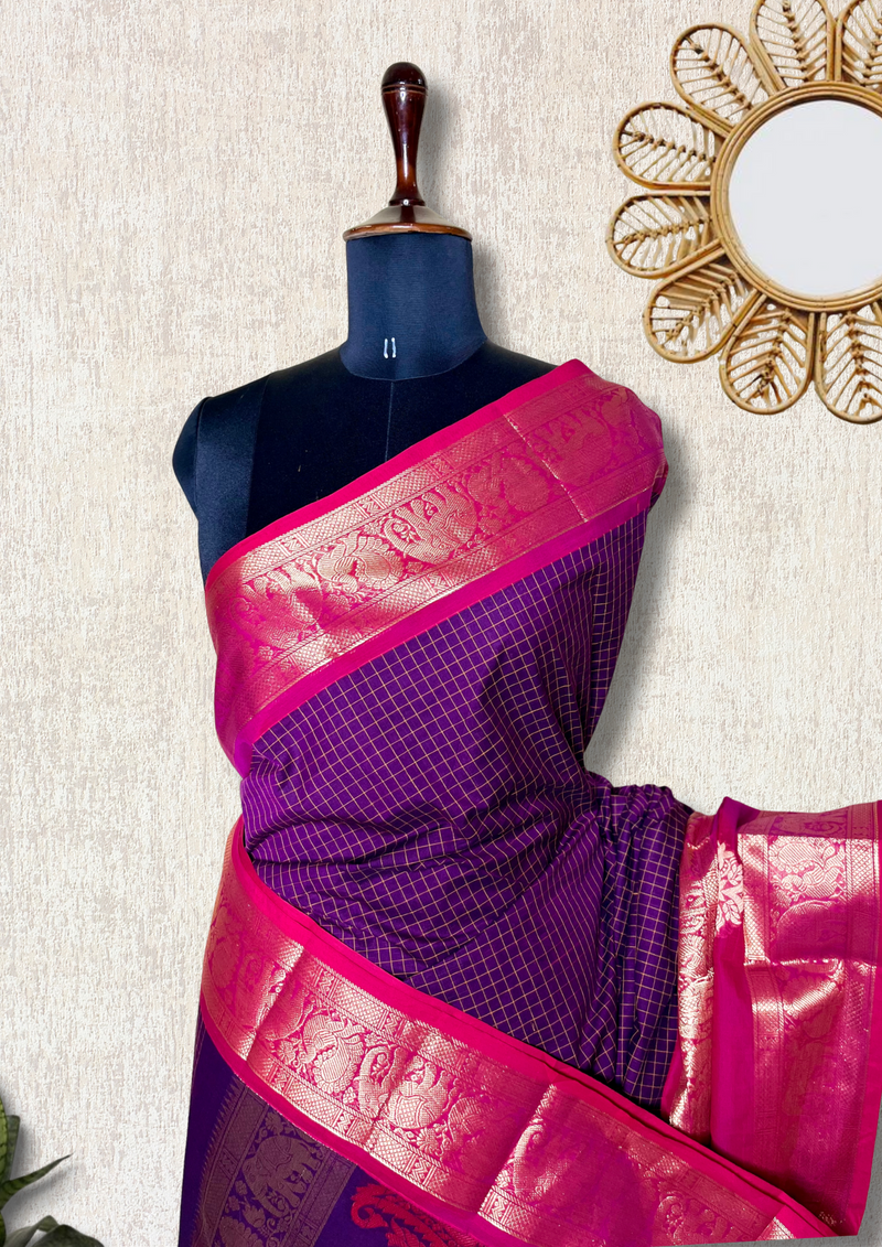 Kanchi Cotton Saree - Trendy Purple + Brilliant Rose