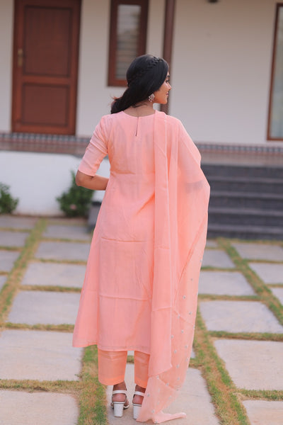 Peach Bloom Embroidered A-Line Co-ord Set With Dupatta
