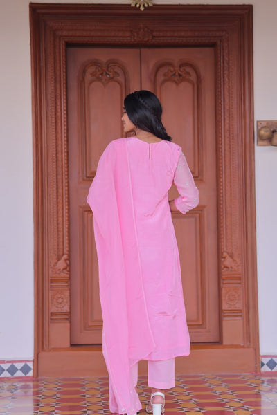 Pink Lychee Embroidered A-Line Co-ord Set With Dupatta
