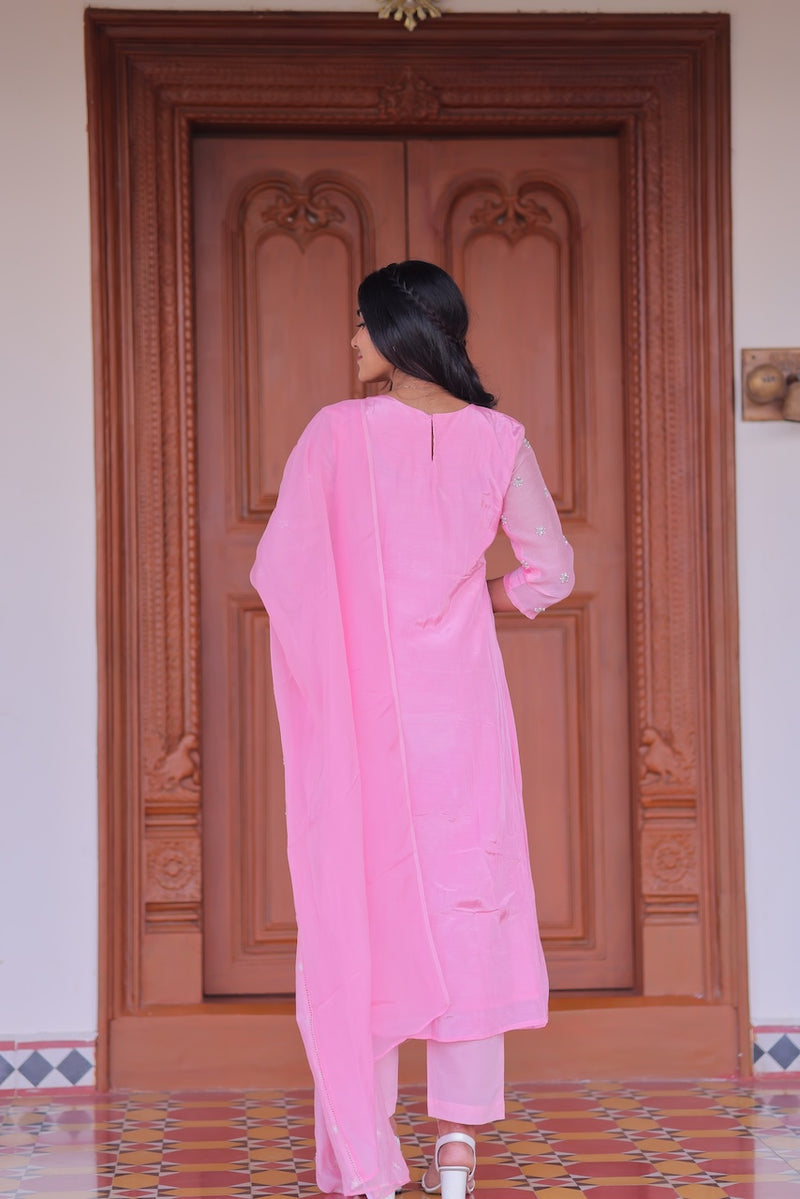 Pink Lychee Embroidered A-Line Co-ord Set With Dupatta