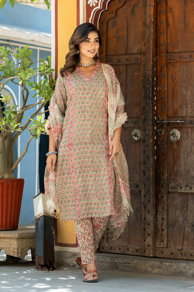 Green Pink Buti Pintuks Kurta Set