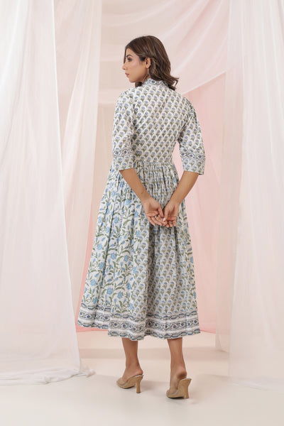 Blue Mughal Floral Print Nyra Dress