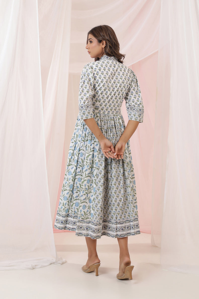 Blue Mughal Floral Print Nyra Dress