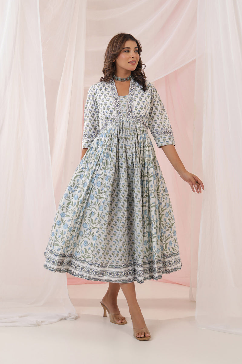 Blue Mughal Floral Print Nyra Dress