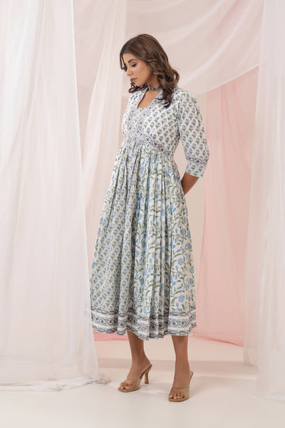 Blue Mughal Floral Print Nyra Dress