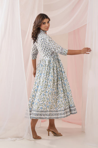 Blue Mughal Floral Print Nyra Dress