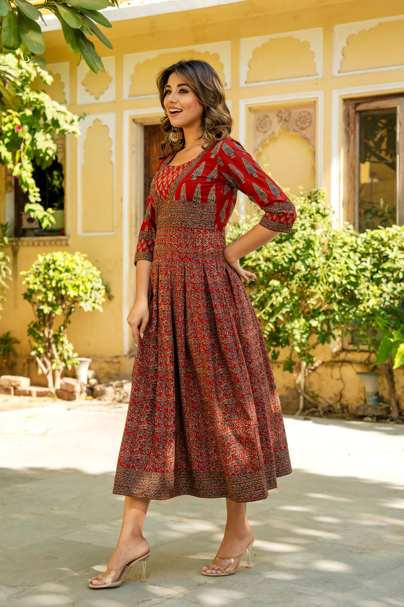 Red Pine Ajrakh Box Pleat Dress