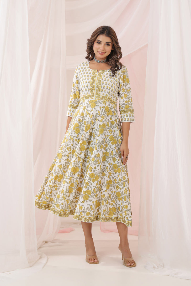 White Yellow Buti Floral Dress