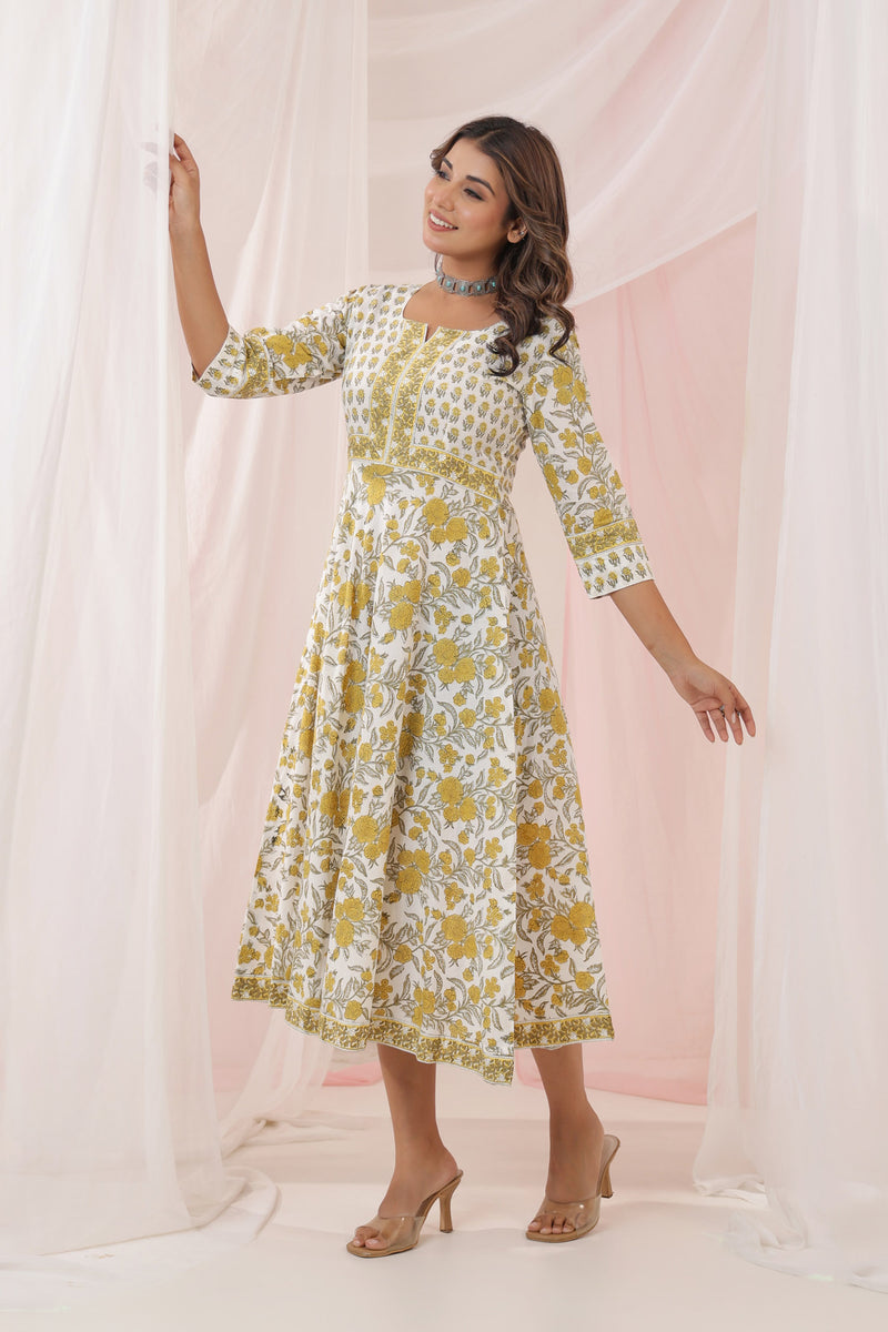 White Yellow Buti Floral Dress