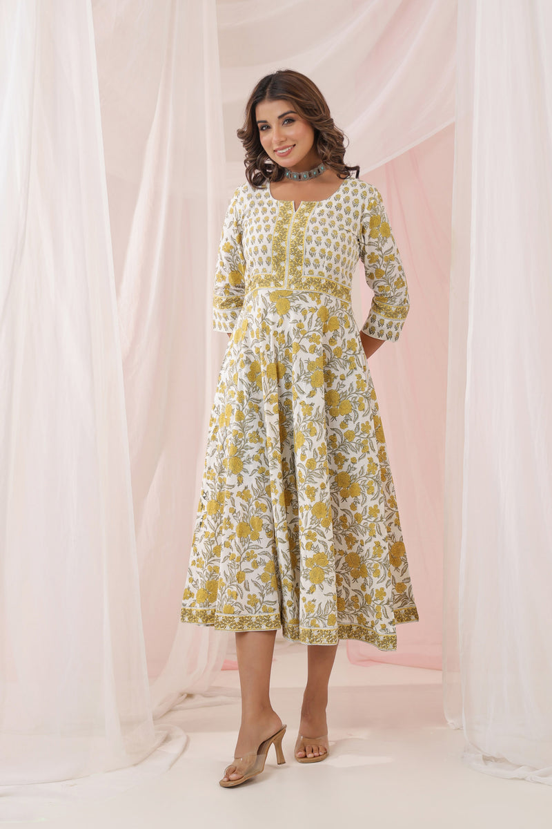 White Yellow Buti Floral Dress