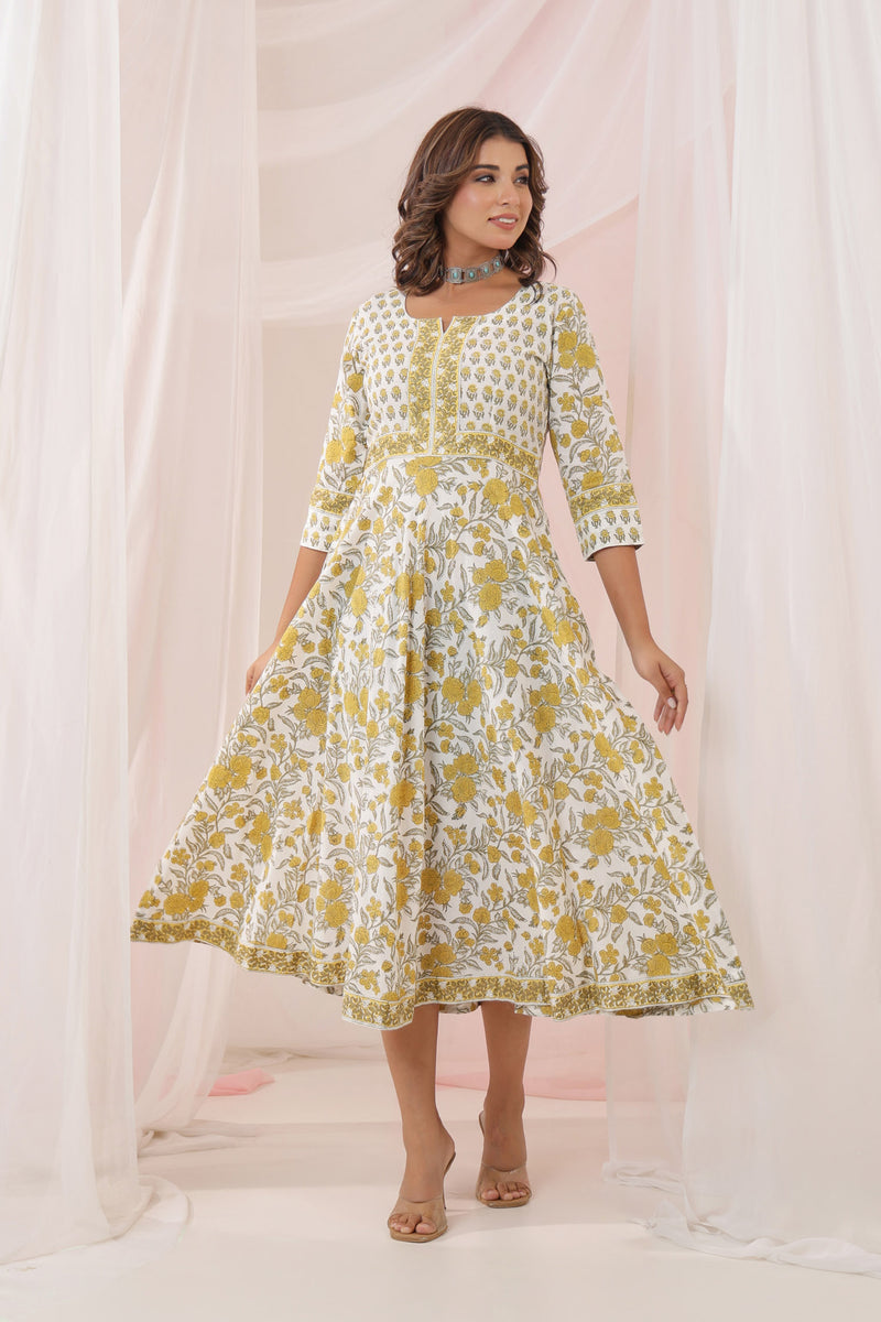 White Yellow Buti Floral Dress