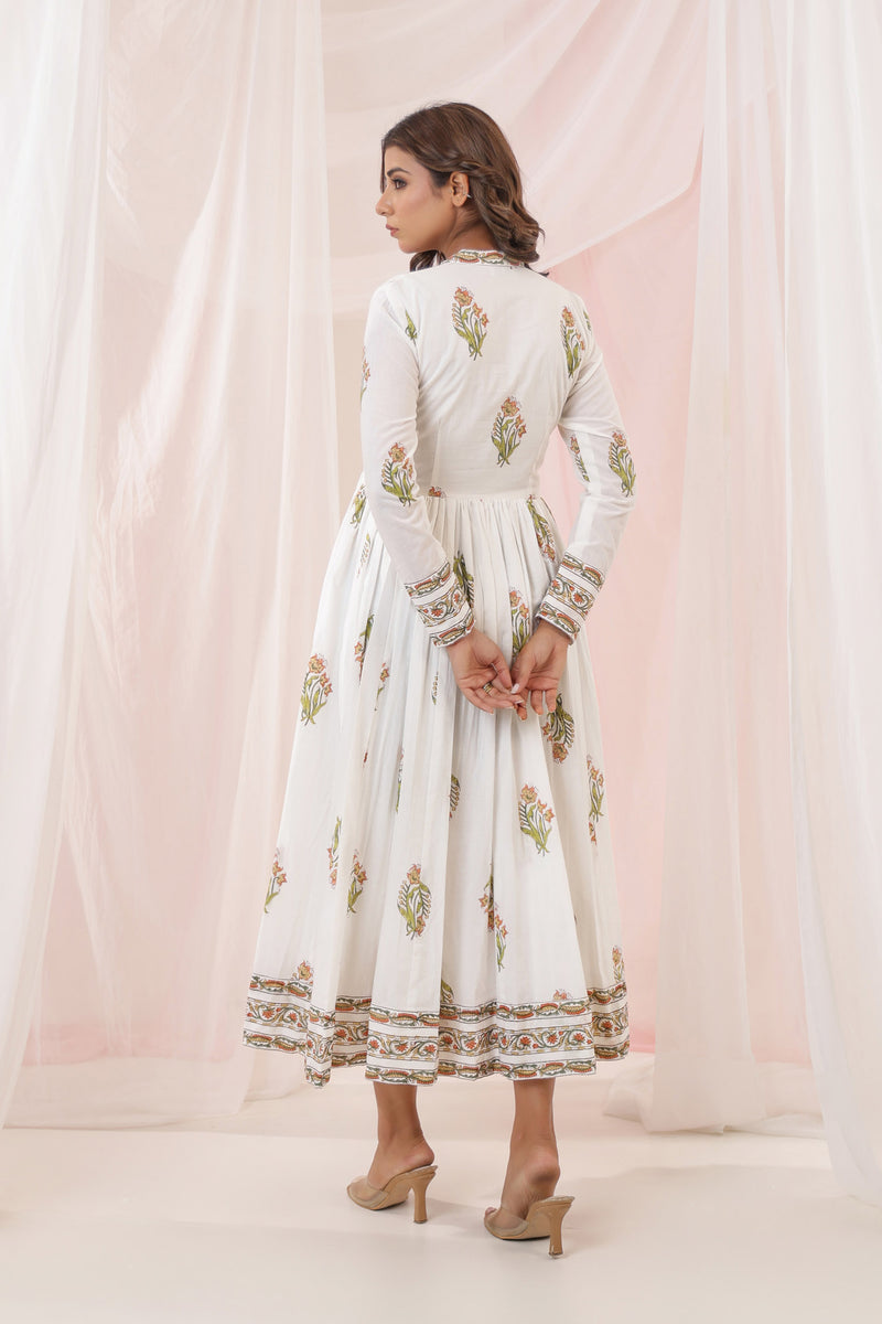 White Yellow Mughal Buta Block Print Dress
