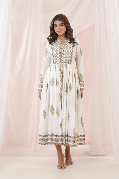 White Yellow Mughal Buta Block Print Dress