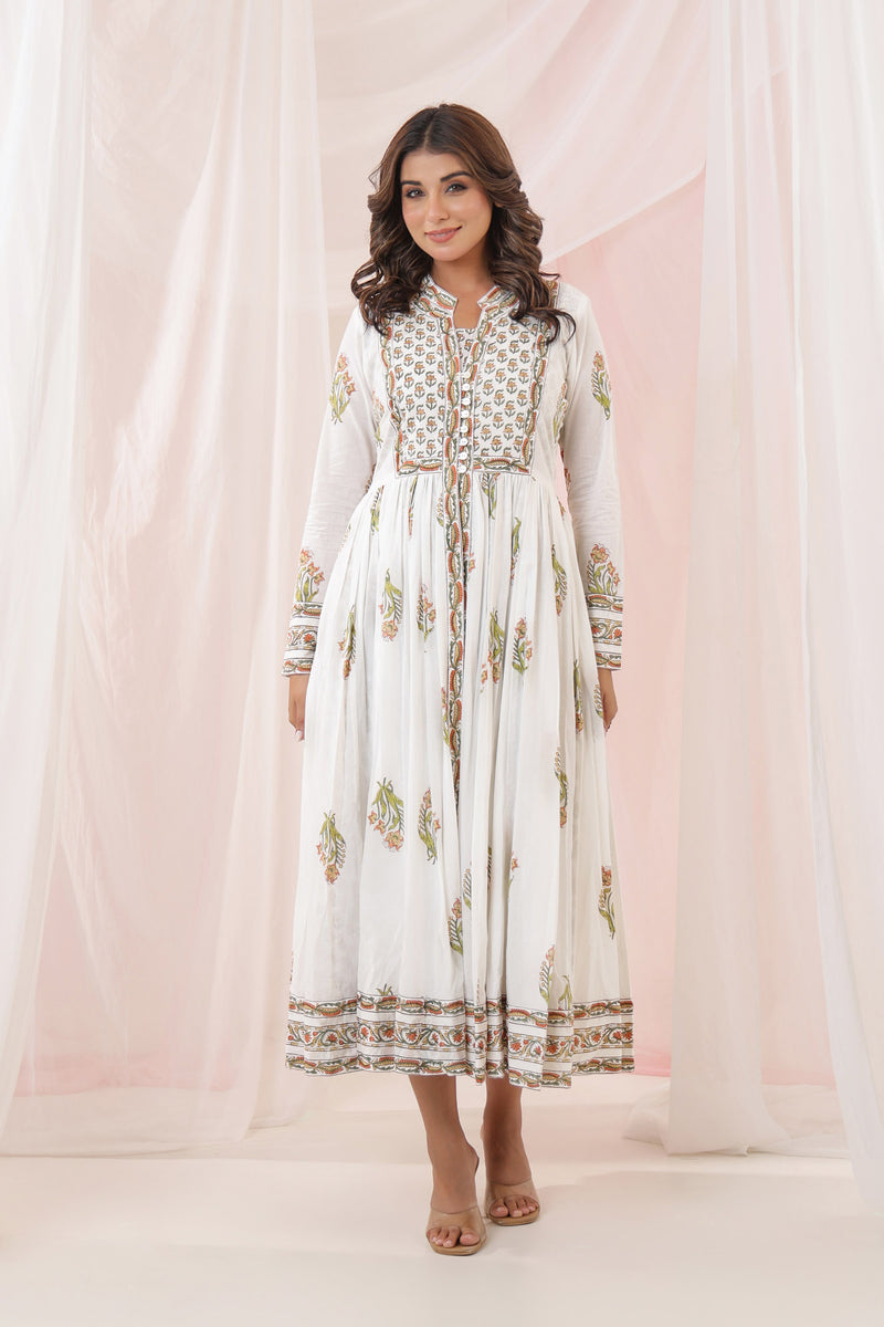 White Yellow Mughal Buta Block Print Dress