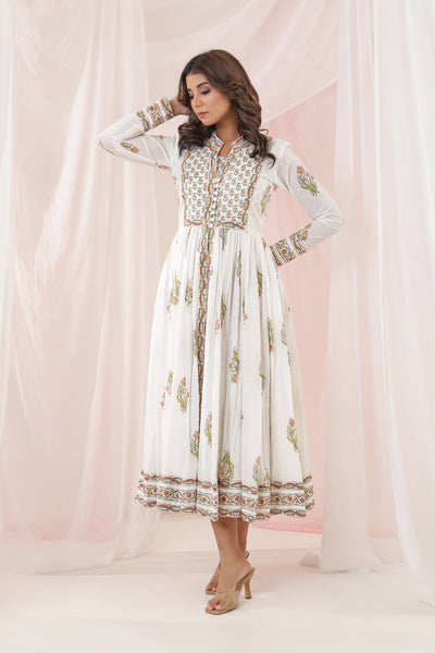 White Yellow Mughal Buta Block Print Dress