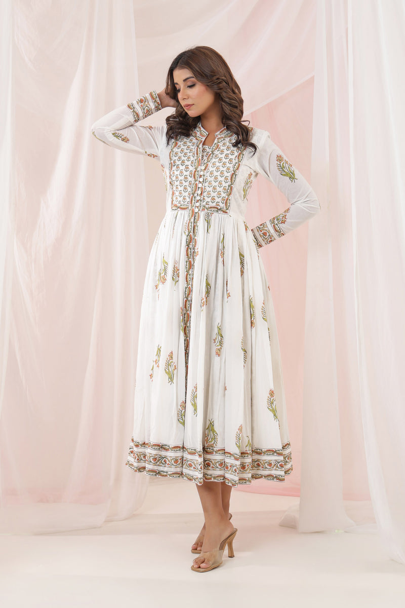 White Yellow Mughal Buta Block Print Dress