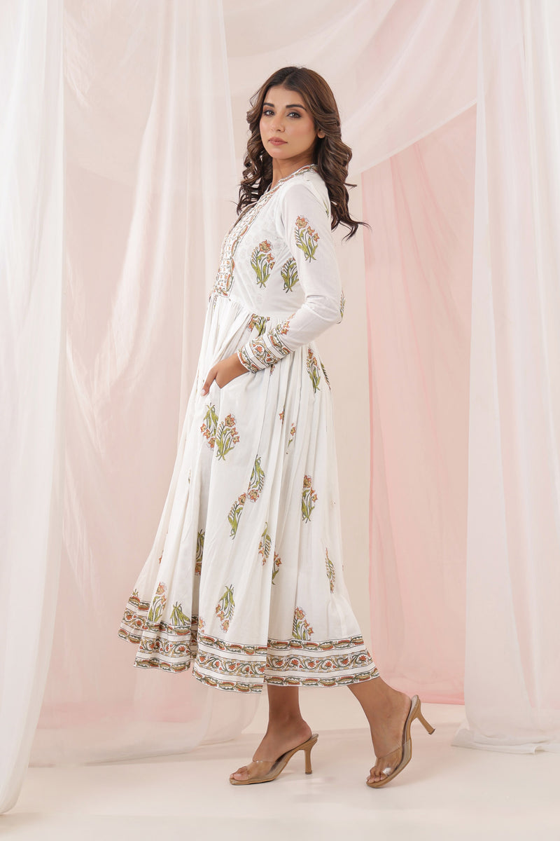 White Yellow Mughal Buta Block Print Dress