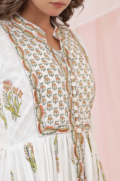White Yellow Mughal Buta Block Print Dress