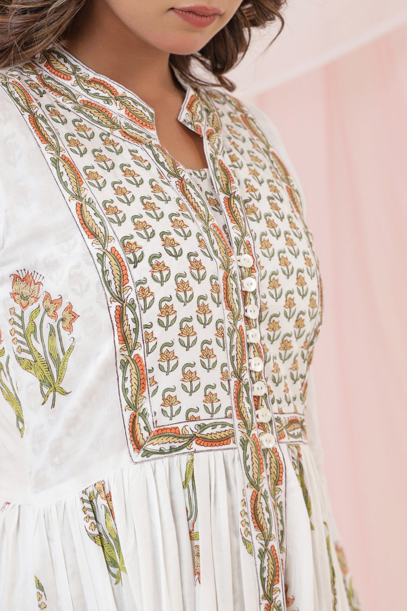 White Yellow Mughal Buta Block Print Dress