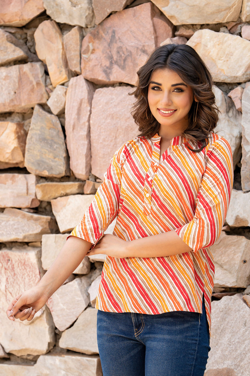 Orange lehariya short kurta