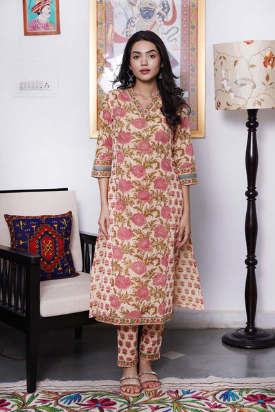 Beige Lotus Floral Kurta Set