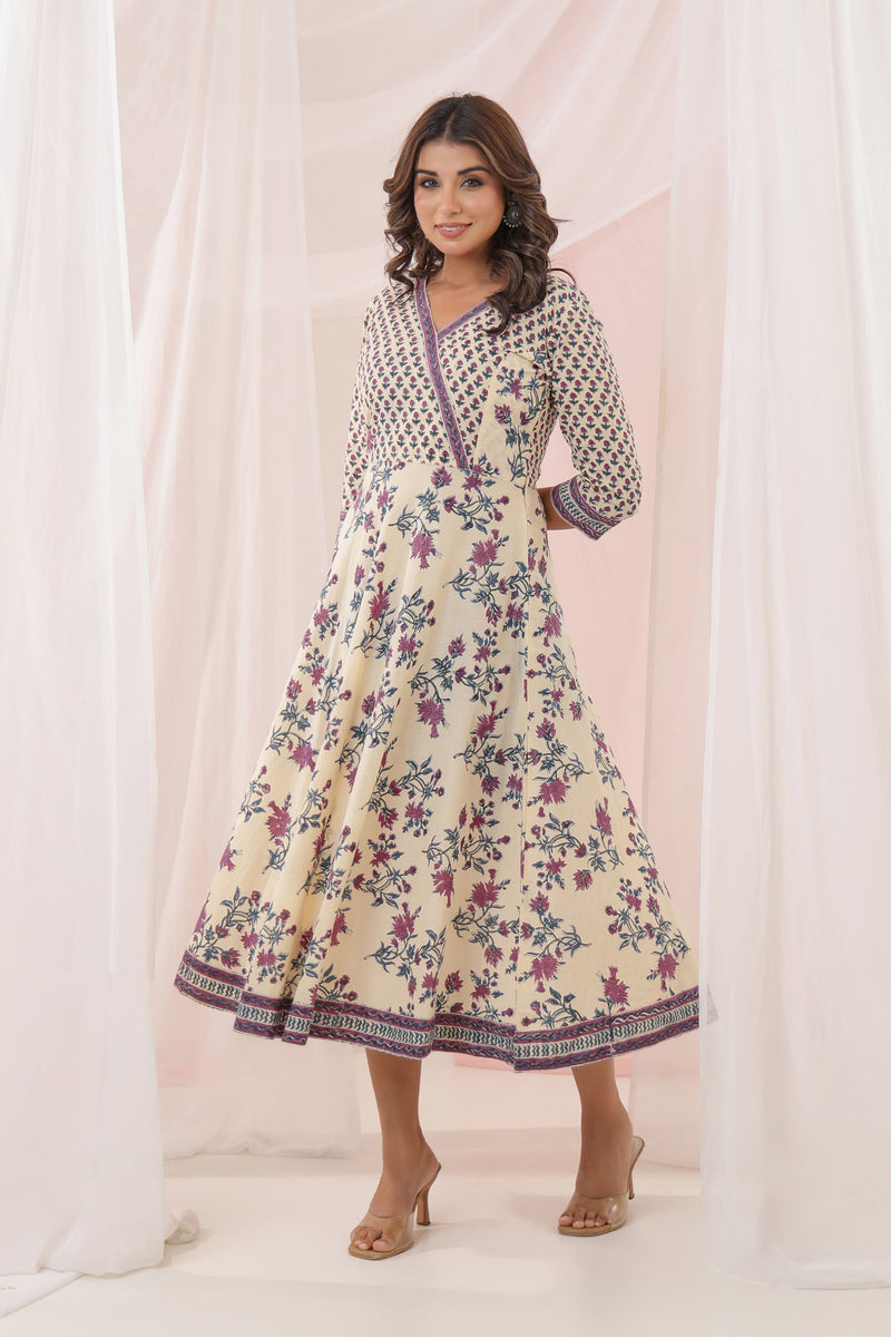 Beige Purple Buti Floral Midi Dress