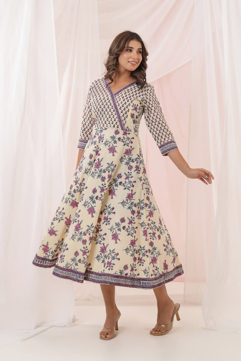 Beige Purple Buti Floral Midi Dress