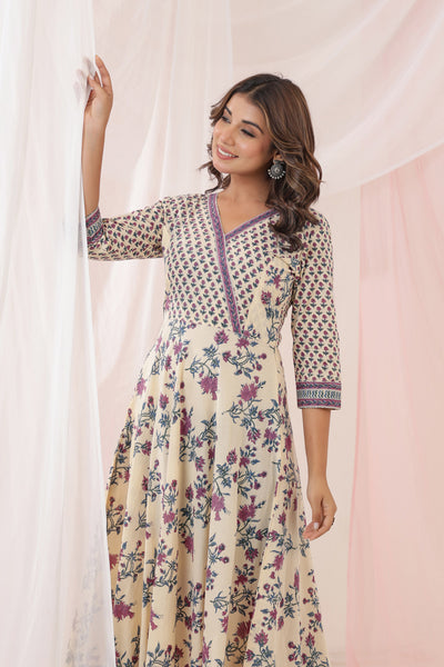 Beige Purple Buti Floral Midi Dress