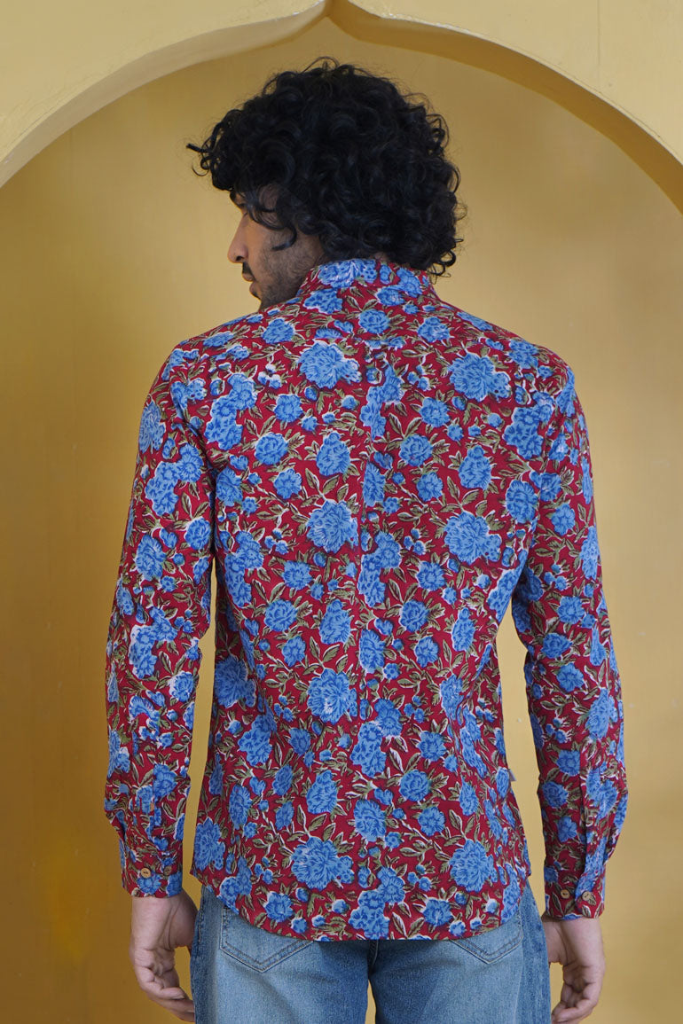 Red Blue Floral Full Sleeve Shirt