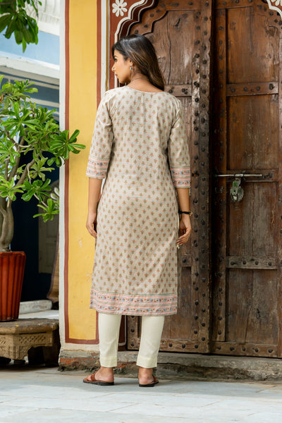 Beige Orange Buti Border Kurti