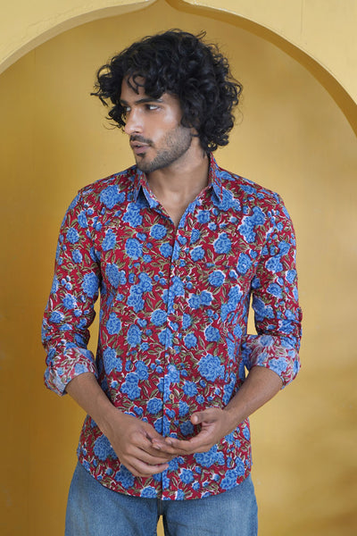 Red Blue Floral Full Sleeve Shirt