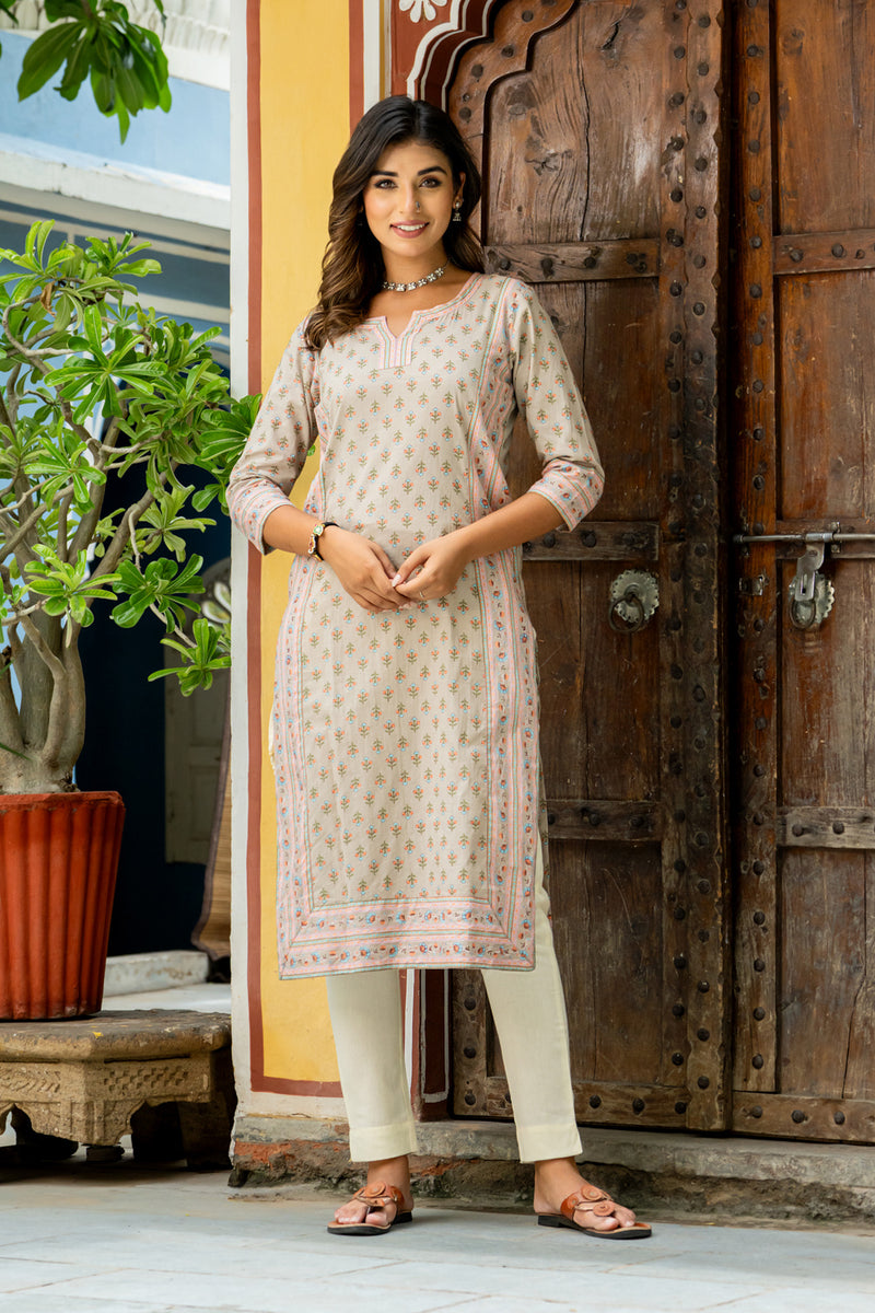 Beige Orange Buti Border Kurti