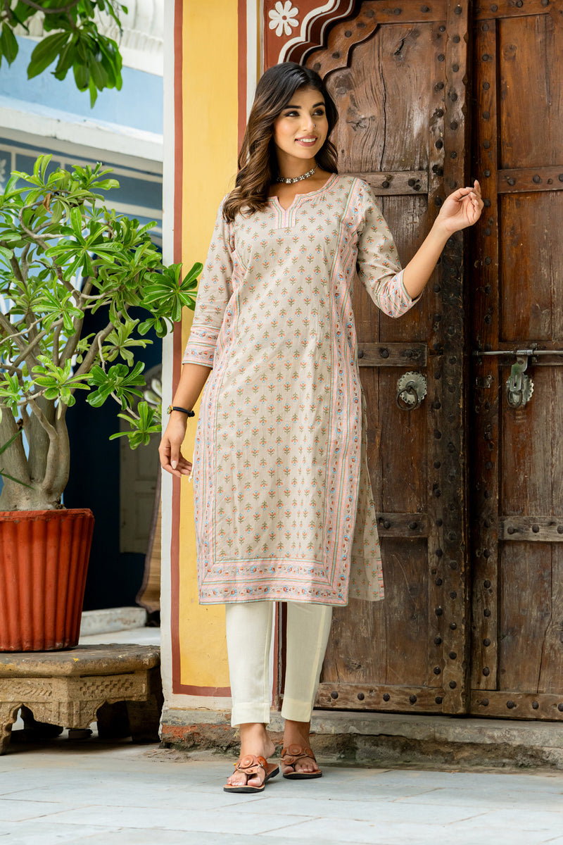 Beige Orange Buti Border Kurti