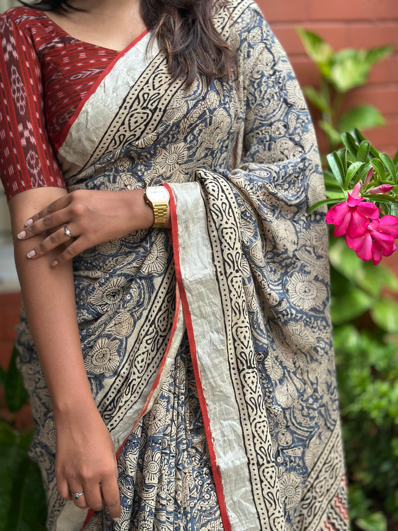 EXP - Kanmani blue floral linen saree