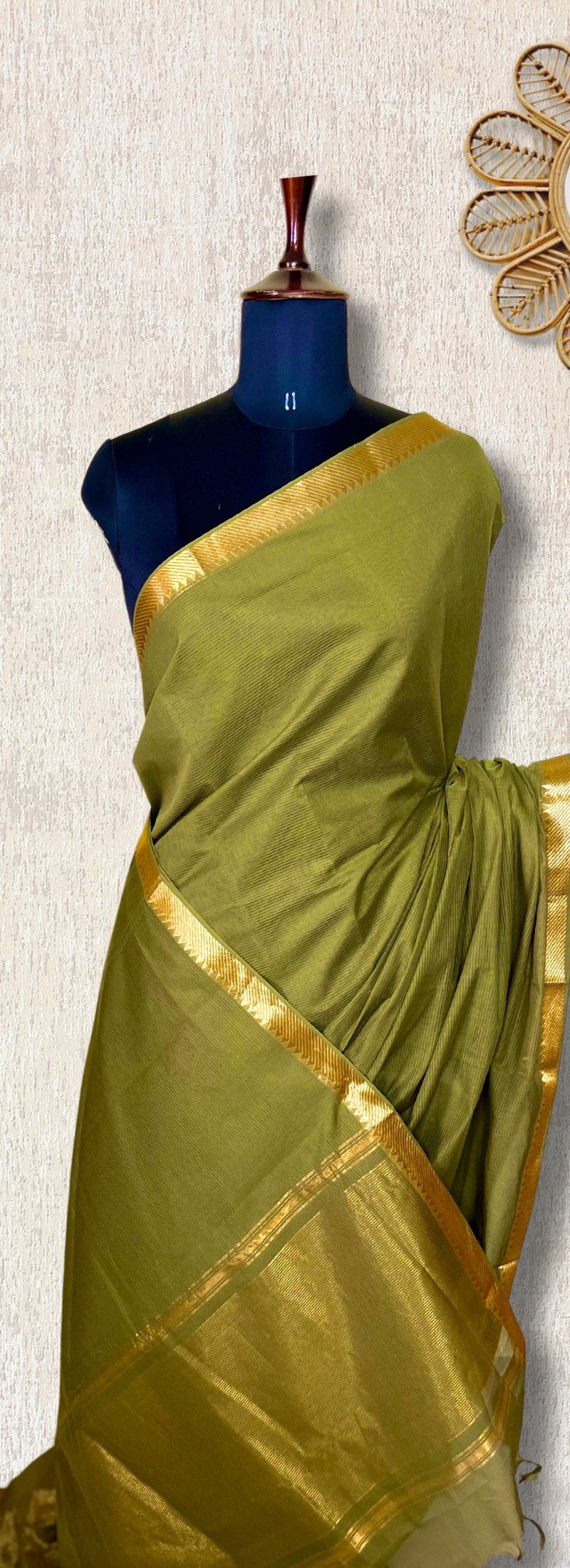 Handwoven Mangalgiri Cotton Saree -  Lemon Ginger + Gold