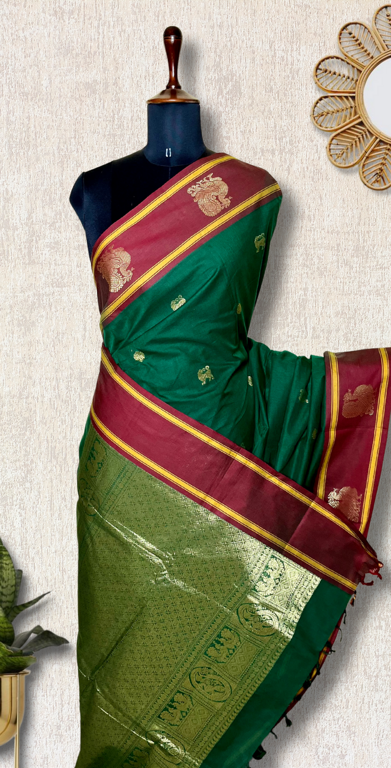 Kanchi Cotton Saree - Bottle Green  + Dark Burgundy
