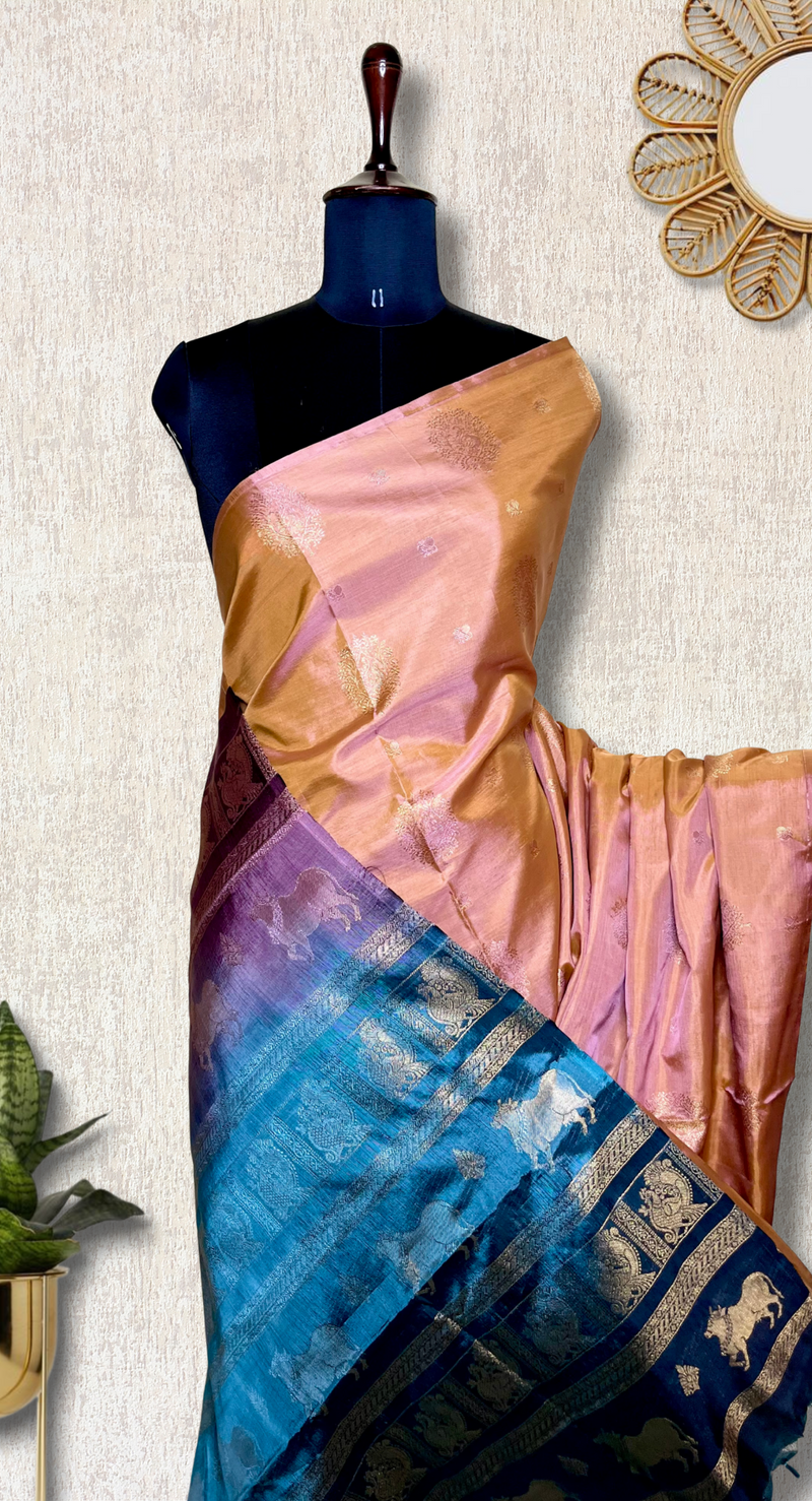 Handwoven Art Silk Saree - Vivid Apricot +  Eastern Blue