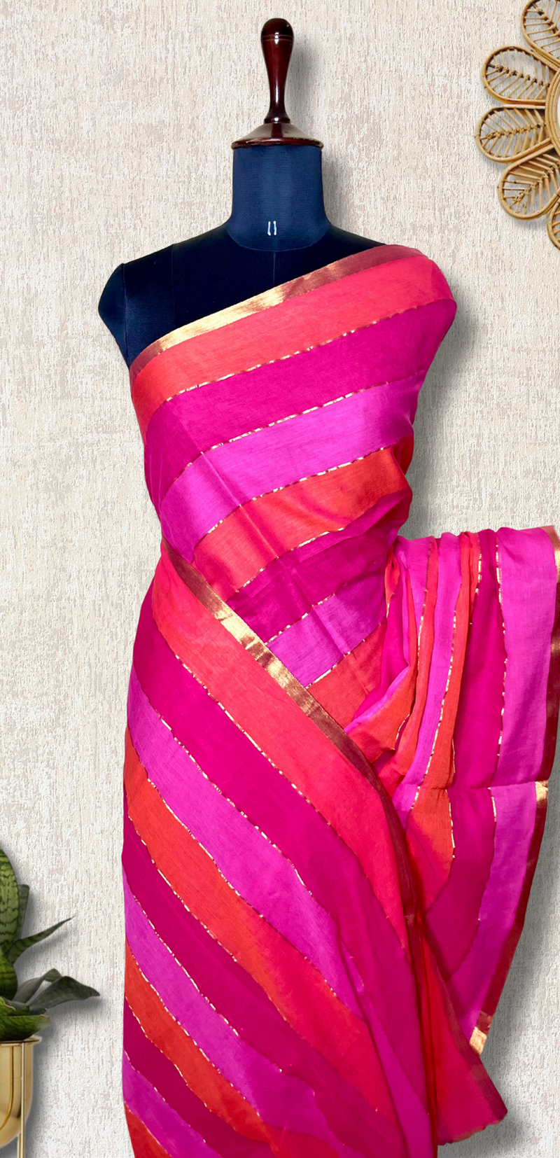 Handwoven Cotton Saree - Mexican Pink + Persian Orange