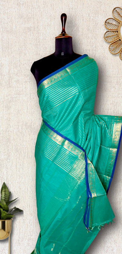 Chettinad Cotton Saree - Carribean Blue + Gold