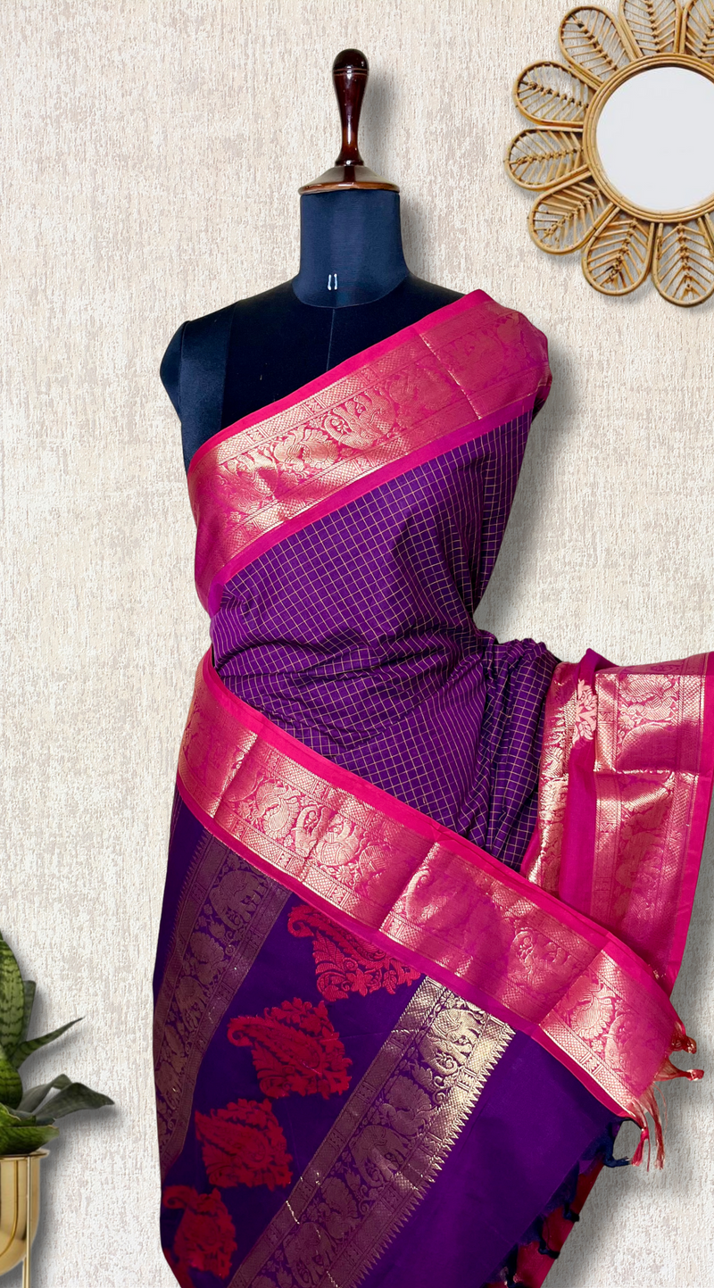 Kanchi Cotton Saree - Trendy Purple + Brilliant Rose