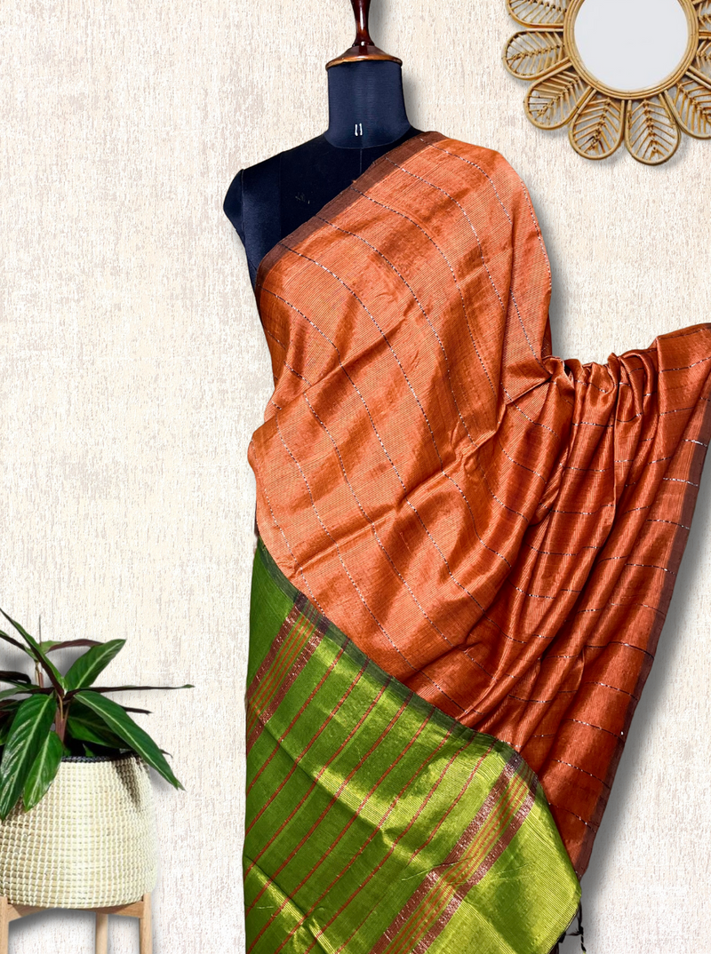 Handwoven Silk Cotton Saree -  Rust Copper + Green Leaf