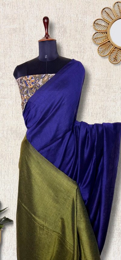 Khadi Cotton Saree - Persian Blue + Olive Green